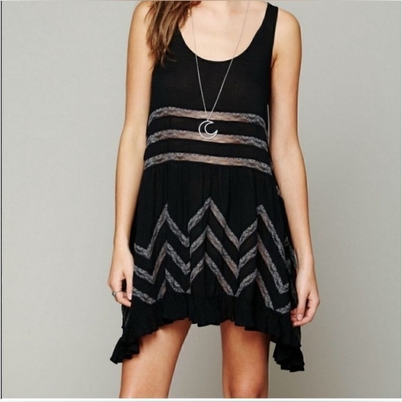 Free People Black Polka Dot‎ Voile and Lace Trapeze Mini Dress - Picture 4 of 6